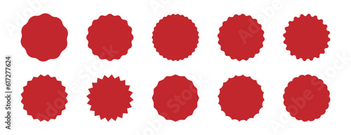 Wavy edge circle sticker. Star burst shape tags for price. Blank sale round sticker. Empty promo badge. Simple circle red wax seal. Vector illustrations set isolated on white background.