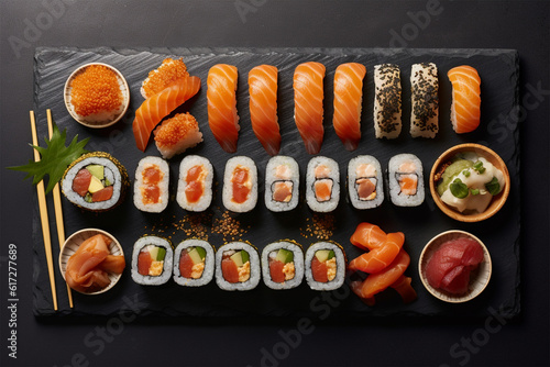 top view maki sushi assortment on slate
