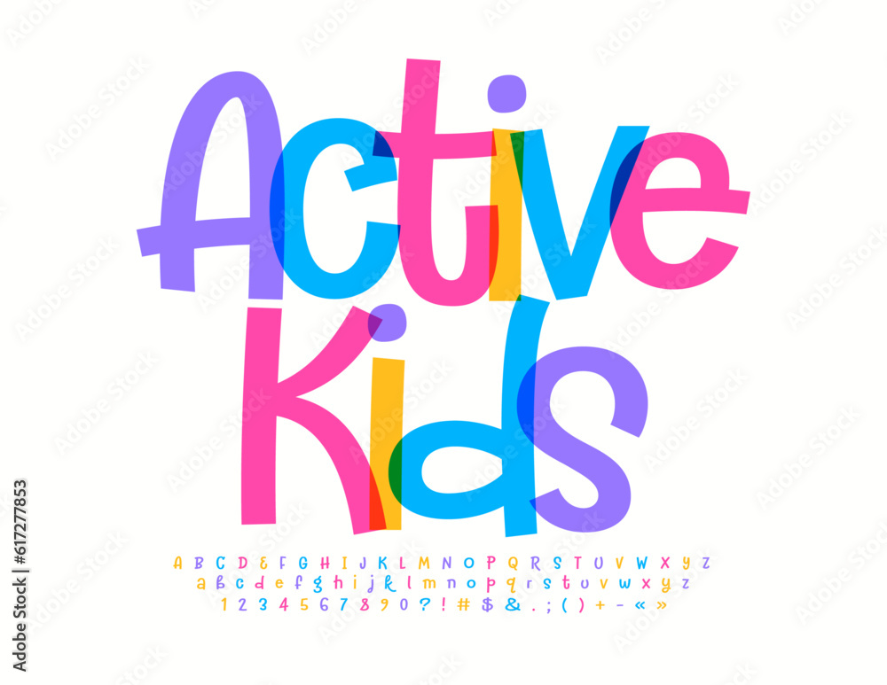 Vector Playful Emblem Active Kids. Funny Handwritten Font. Colorful Alphabet Letters and Numbers