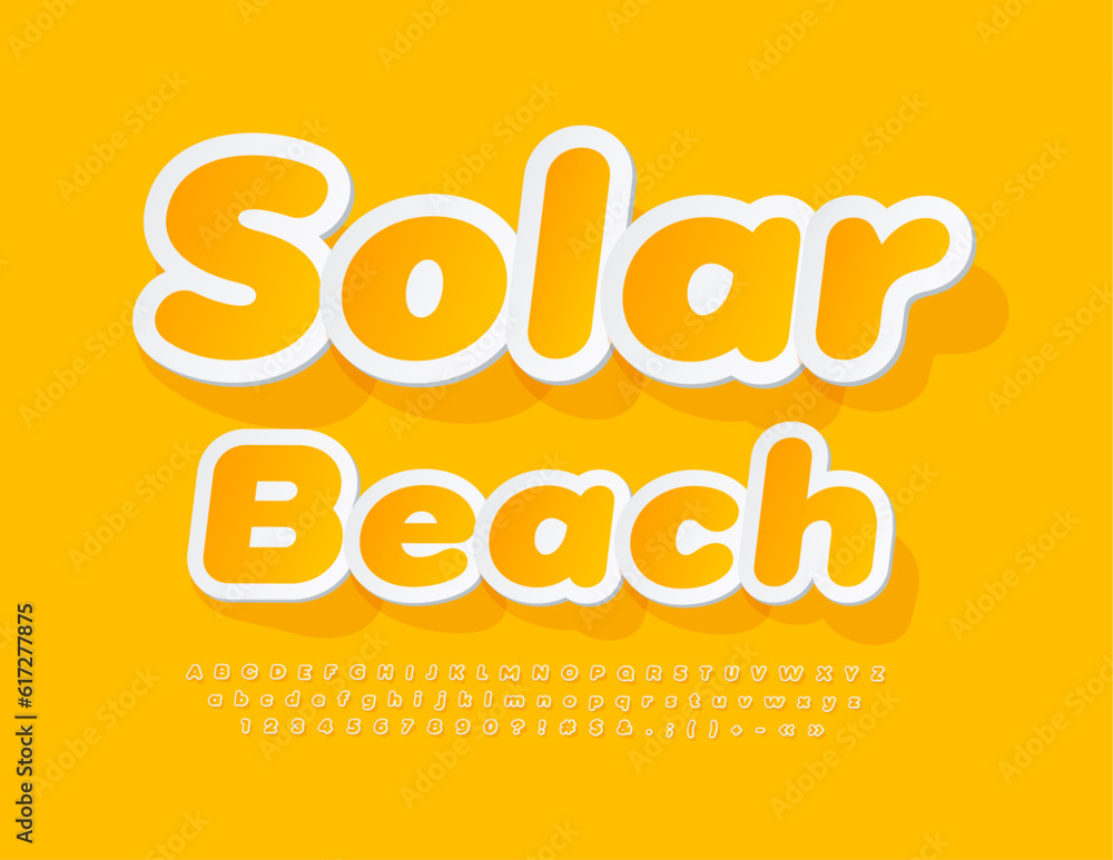 Vector sunny flyer Solar Beach. Yellow sticker Font. Creative Alphabet Letters and Numbers set