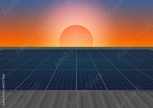 Solar Cell. Solar Panel on Roof during Sunset. Renewable Energy Sources. Clean and Green Energy.