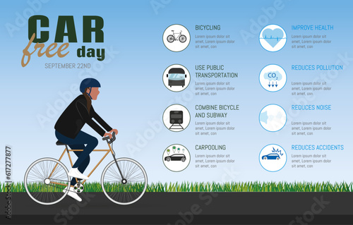Infographic with tips for car-free day and the benefits of using other means of transport