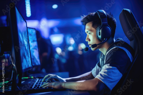 Esports Gamer Focused on Game during an E-Sports Event in an Arena - Closely looking at Screen wearing a Headset and Team Jersey in Blue and White - Fully Immersed - generative ai - imaginary person