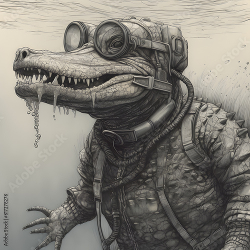 Deep diver alligator in black and white. Generative Ai
