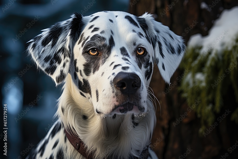 Beautiful Dalmatian dog in a snowy forest. Generative AI Beautiful Dalmatian dog in a snowy forest. Generative AI