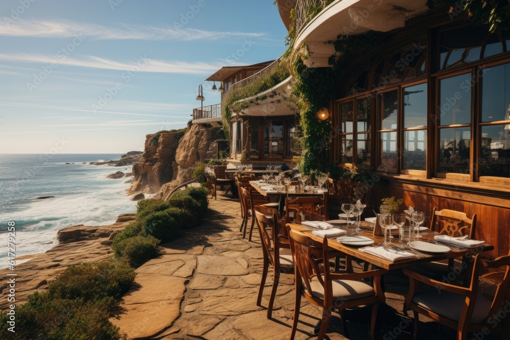 Restaurant outside by the sea. Generative AI