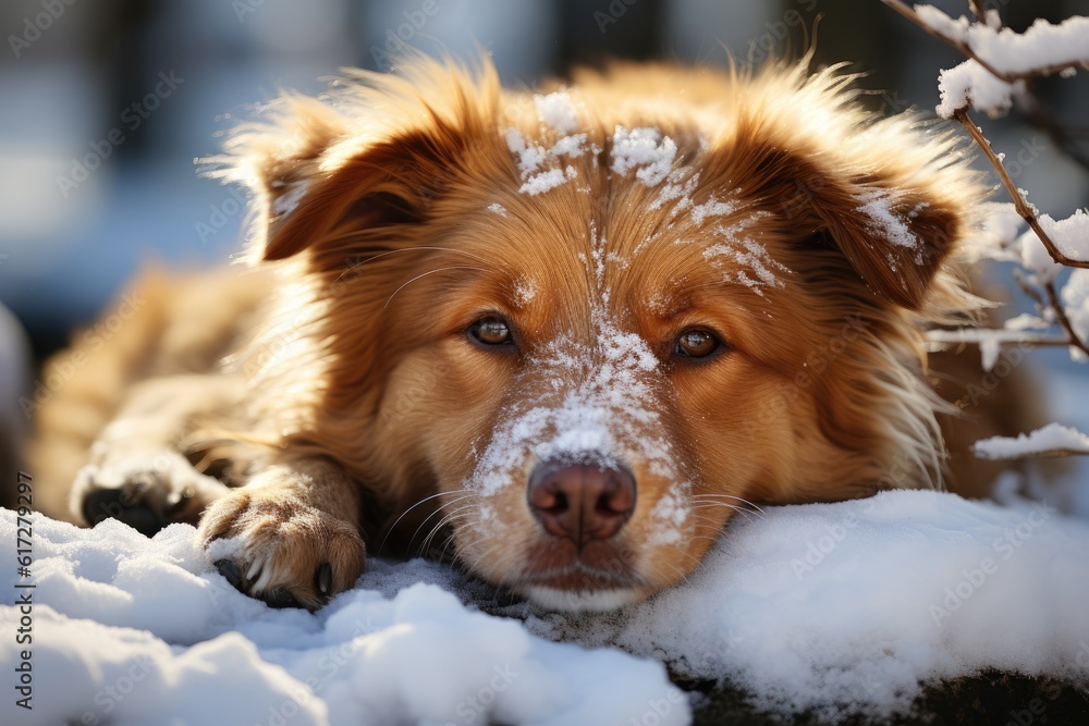 Big dog lying in snow. Generative AI