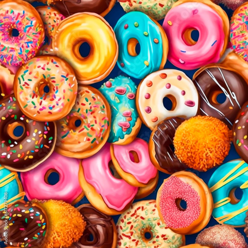 Seamless pattern colorful glazed donuts background.