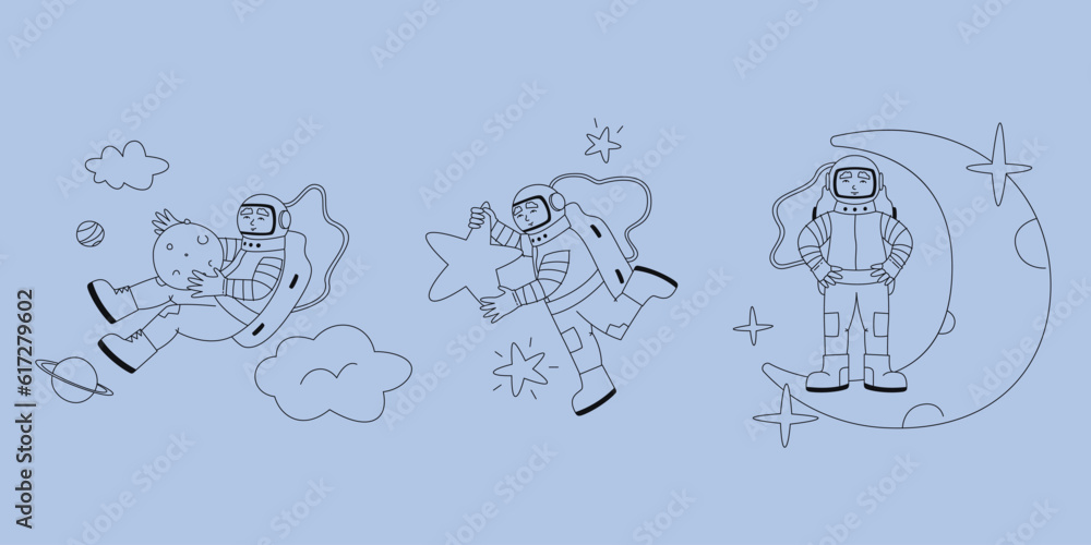 Astronaut in different poses. Male character in outline style.