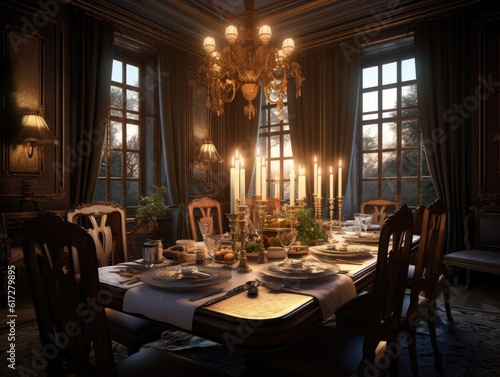 A modern dining room for vintage dining rooms and dining sets  warm lighting from candlesticks and chandeliers. Generative AI