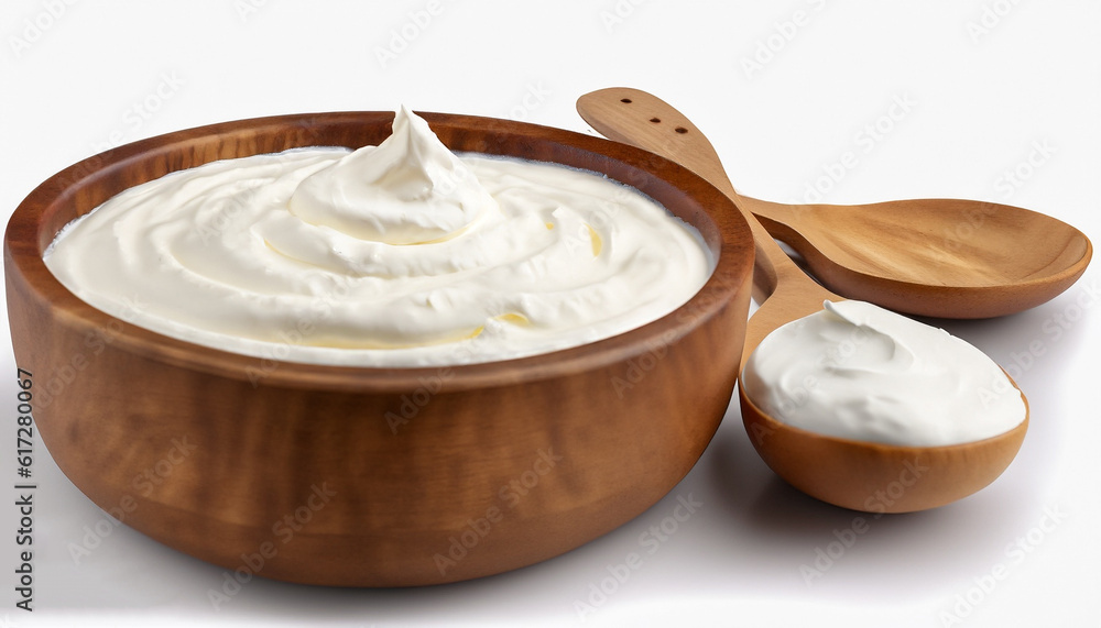 Sour cream in wooden bowl and spoon, mayonnaise, yogurt, isolated on white background Sour cream in wooden bowl and spoon, mayonnaise, yogurt, isolated on white background