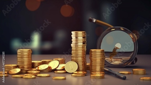 A lot of gold coins of money are stacked on the table. Wealth and finance concept. AI generated