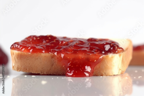 a slice of white bread and strawberry jam on a white background