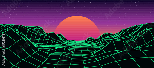 Digital retro landscape 1980s style. Futuristic cyber surface. 80s Retro Sci-Fi background. Album cover or banner in the style of the 80-90s. Vector illustration.