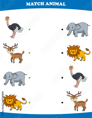Education game for children connect the same picture of cute cartoon wild animal ostrich deer elephant lion printable