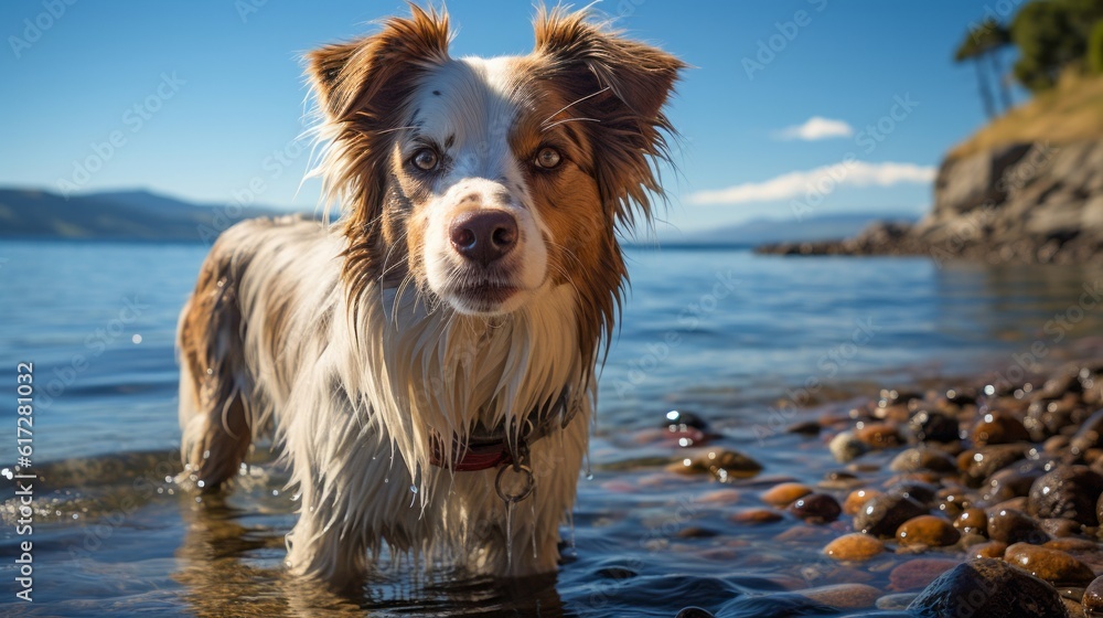 Have fun playing on the beach. Happy dog ​​enjoying the sea. This image embodies the importance of living in the moment and enjoying life's simple pleasures. Generative AI