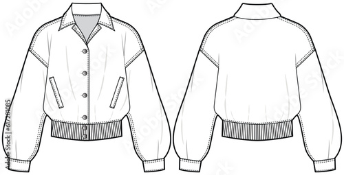 womens long sleeve drop shoulder bomber jacket flat sketch vector illustration front and back view technical cad drawing template