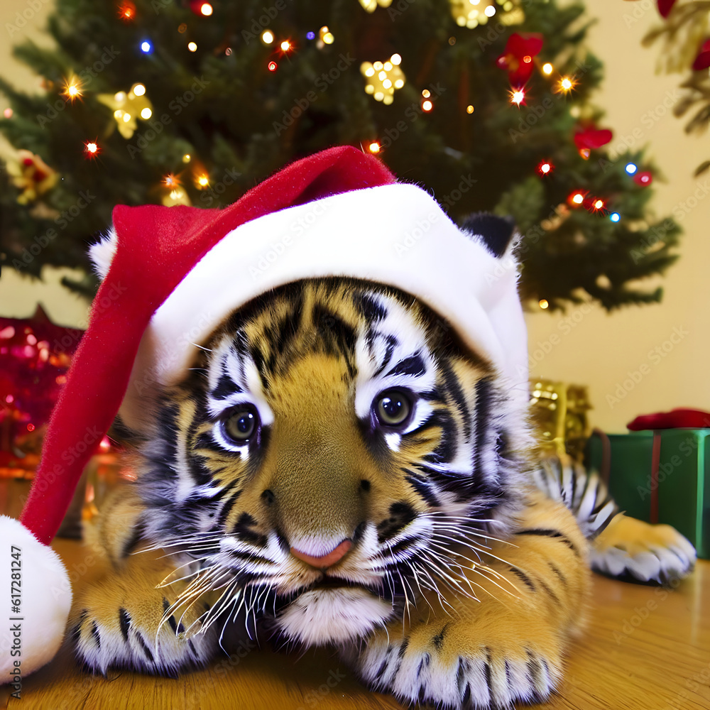 Cute Christmas tiger cub with Santa hatportrait, looking at camera, Christmas lights in background Cute Christmas tiger cub with Santa hatportrait, looking at camera, Christmas lights in background