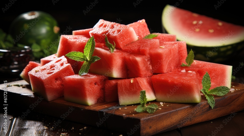 Pieces of fresh watermelon with board on black wooden table.