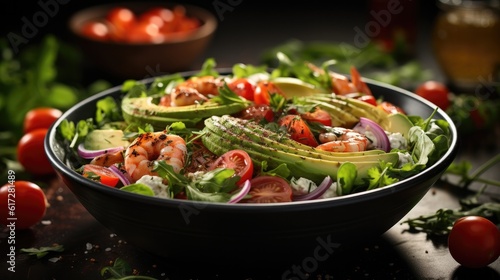 Fresh salad with avocado, shrimps, red tomatoes, arugula, onion and sesame seeds.