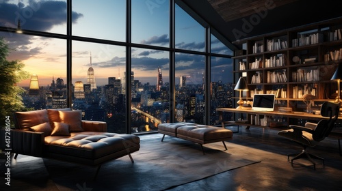 Contemporary office interior with city view, Sunset, Furniture, Luxury office interior.