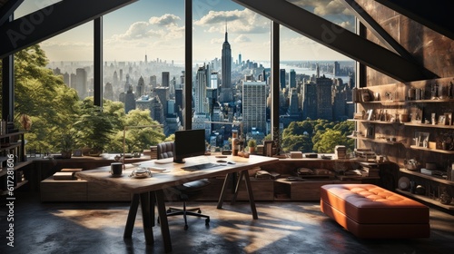 Modern loft attic office interior with furniture, Window and city view.