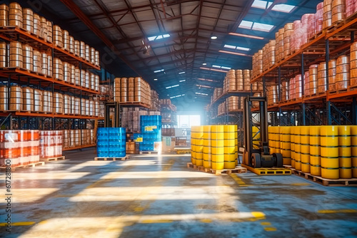 Large warehouse with barrels of oil, gasoline, chemical products. Generative AI