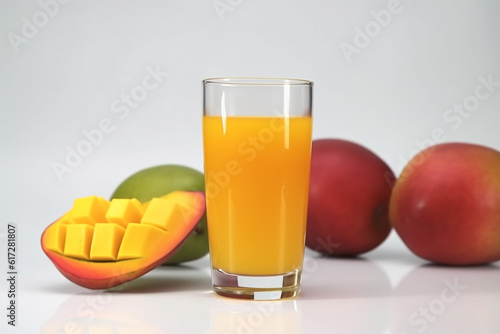 a glass of mango juice and its fruit on a white background