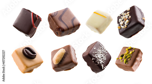 Assorted chocolate pralines isolated on transparent background. PNG image.