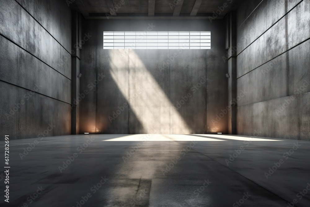 Website slide backdrop empty dark gray industrial concrete scene with floor and back wall and light rays Generative AI