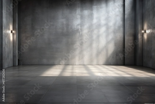 Website slide backdrop empty dark gray industrial concrete scene with floor and back wall and light rays Generative AI