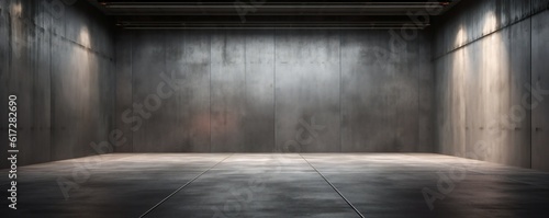 Website slide backdrop empty dark gray industrial concrete scene with floor and back wall and light rays Generative AI © LayerAce.com