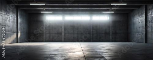 Website slide backdrop empty dark gray industrial concrete scene with floor and back wall and light rays Generative AI