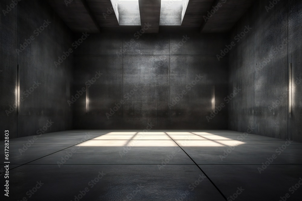 Website slide backdrop empty dark gray industrial concrete scene with floor and back wall and light rays Generative AI Website slide backdrop empty dark gray industrial concrete scene with floor and back wall and light rays Generative AI