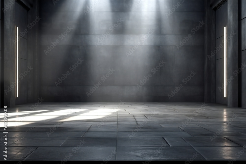 Website slide backdrop empty dark gray industrial concrete scene with floor and back wall and light rays Generative AI Website slide backdrop empty dark gray industrial concrete scene with floor and back wall and light rays Generative AI