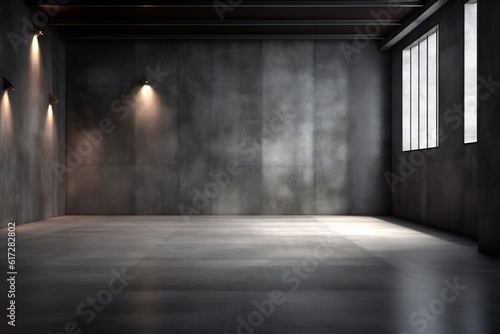 Website slide backdrop empty dark gray industrial concrete scene with floor and back wall and light rays Generative AI © LayerAce.com