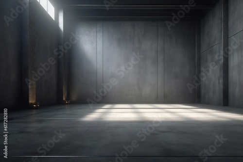 Website slide backdrop empty dark gray industrial concrete scene with floor and back wall and light rays Generative AI
