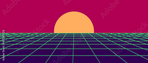 Futuristic sci-fi grid landscape in retro style. Digital cybernetic surface. Perspective mesh that setting behind horizontal line. Album cover or banner in 80-90 style. Vector illustration.