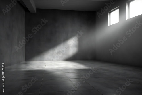 Website slide backdrop empty dark gray industrial concrete scene with floor and back wall and light rays Generative AI