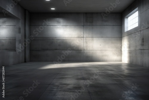 Website slide backdrop empty dark gray industrial concrete scene with floor and back wall and light rays Generative AI