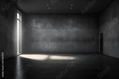 Website slide backdrop empty dark gray industrial concrete scene with floor and back wall and light rays Generative AI