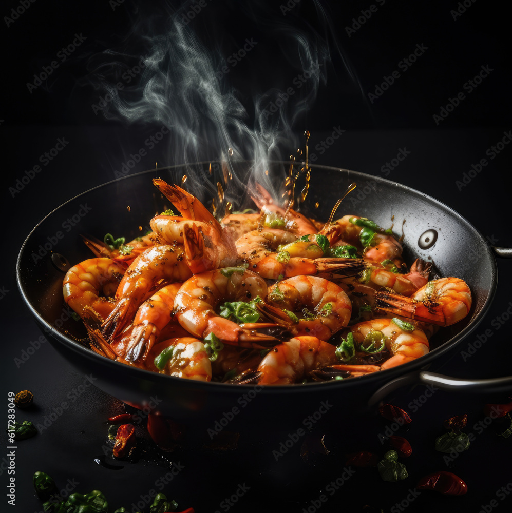 Shrimps with garlic are fried in a wok pan