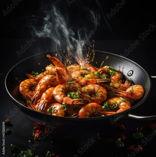 Shrimps with garlic are fried in a wok pan