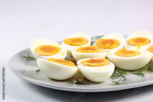 a plate of boiled eggs on a white background