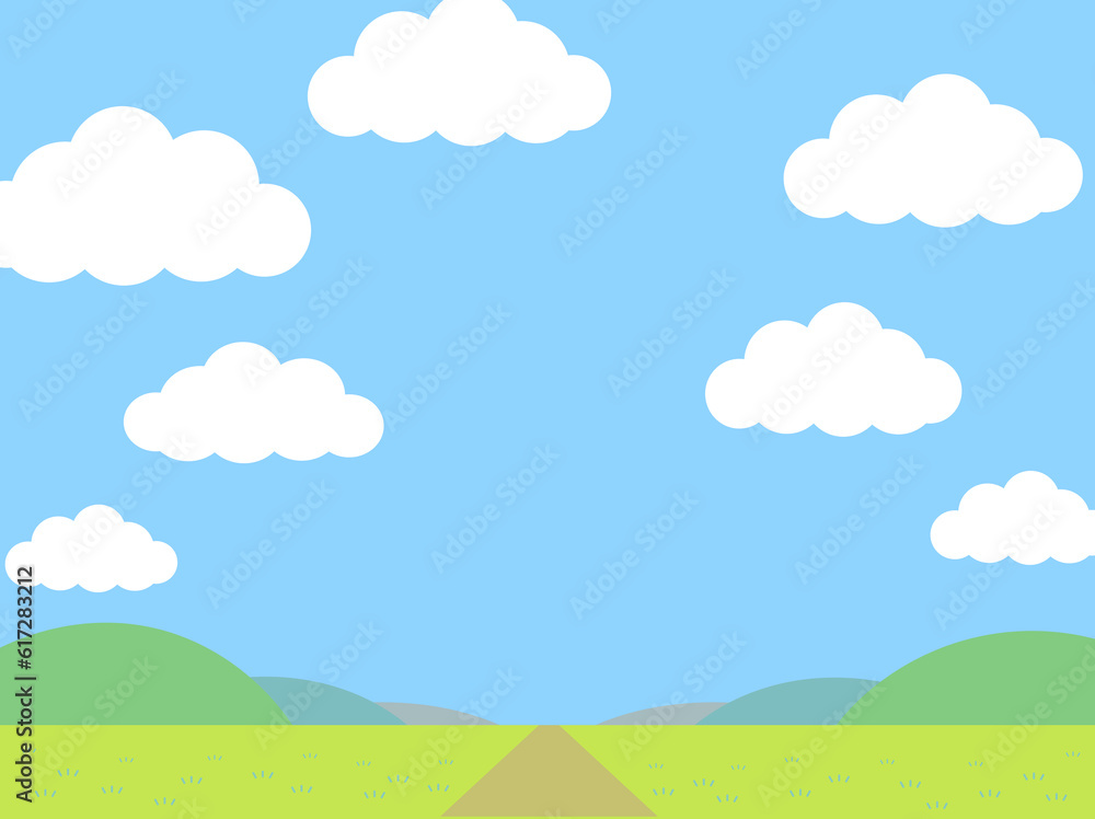 青空とたくさんの雲と草原と一本道のシンプルなイラスト