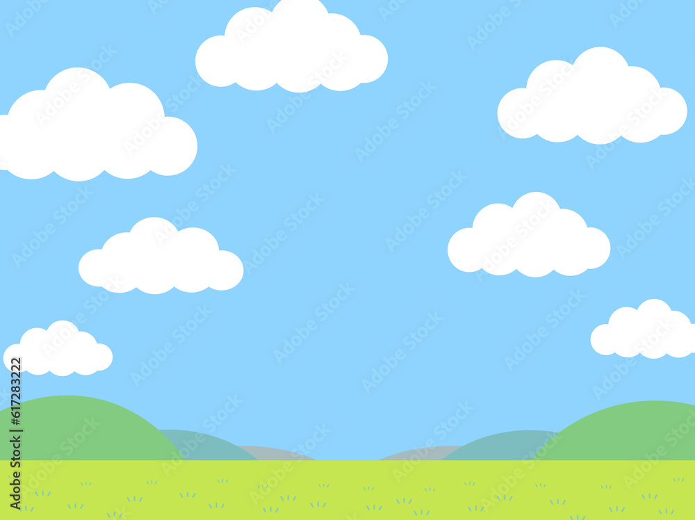 青空とたくさんの雲と草原のシンプルなイラスト