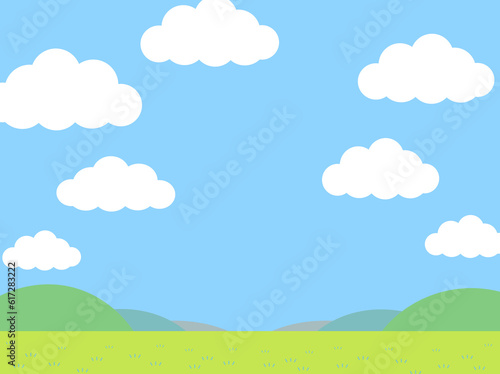 Fototapeta 青空とたくさんの雲と草原のシンプルなイラスト