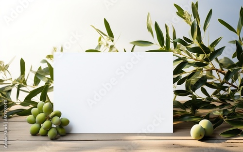 Greeting Card Mock-up with Blooming Olive Tree Leaves on White Table. Generative AI
