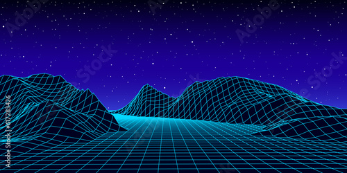 Futuristic retro landscape 1980s style. Digital cyber surface.Retro Sci-Fi blue background. Album cover or banner in the style of the 80-90s. Vector illustration.