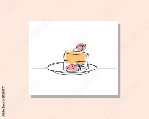 Continuous single one line art drawing of delicious sliced piece creamy tart cake with fruit topping and whipped cream for birthday party in boho bohemian style design vector illustration
